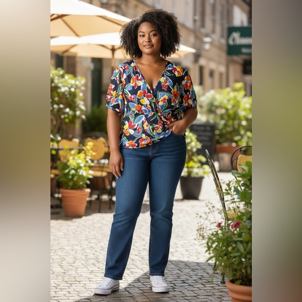 Lauren Ralph Lauren 100% Silk Navy Bright Floral Puff Sleeve Blouse Size 1X